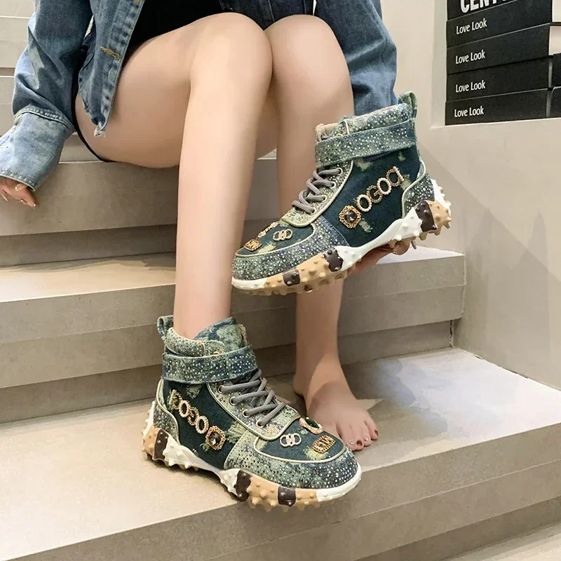 2024 Spring Autumn New Explosive Rhinestones Shoes Women's Trendy Diamond-studded Vulcanized Shoes Thick Sole Female Sneakers