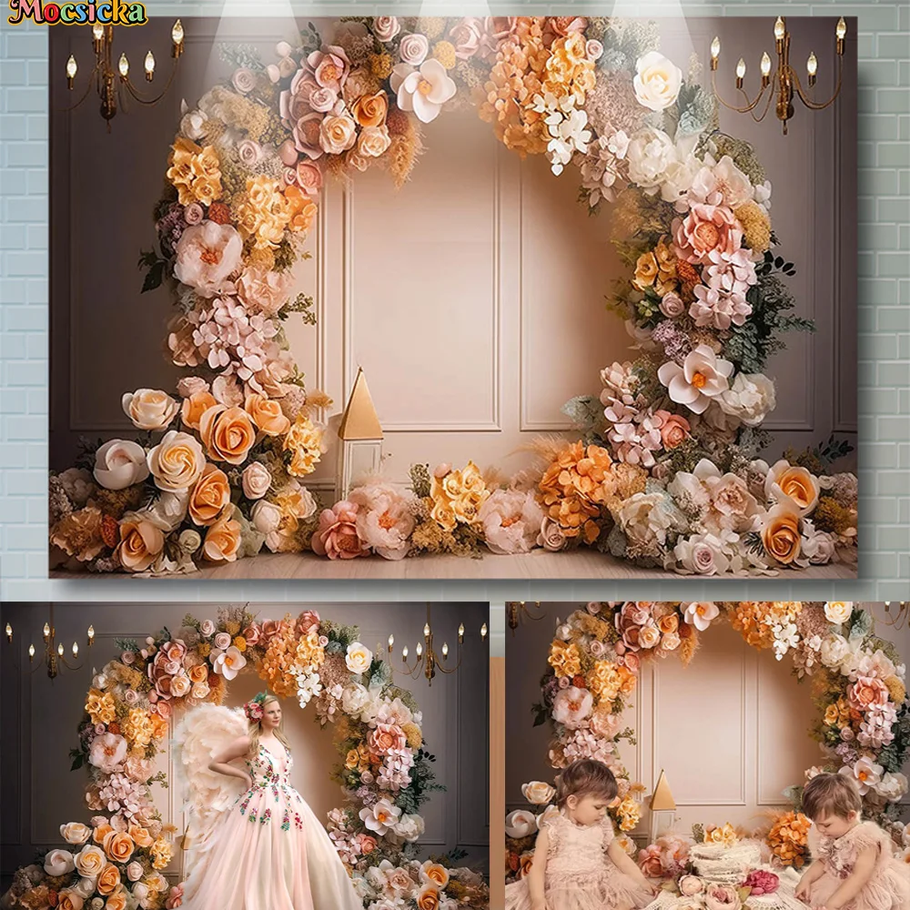 

Arch Flower Door Decor Wedding Backdrop for Studio Photography Prop Retro Lights Glitter Background Girl Birthday Party Photo