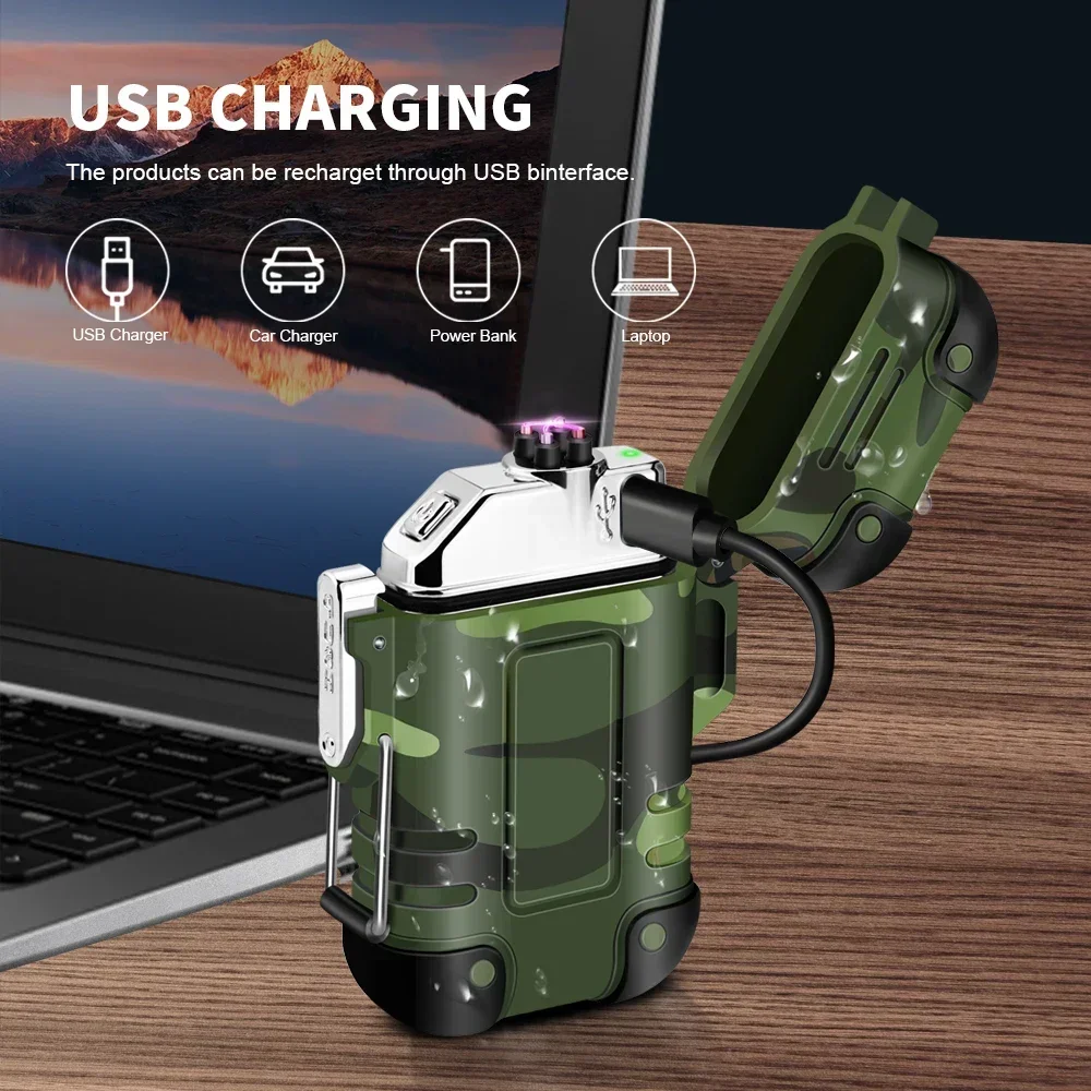 New Waterproof USB Charging Electric Lighter Dual Arc Lighter Flameless Plasma Lighter Outdoor Hiking Camping men\