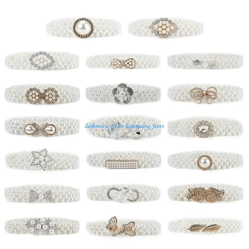 

573B Versatile Fashion Belt Accessory Exquisite Pearls Waist Belt with Shimmering Rhinestones Elegant Waistband Charm