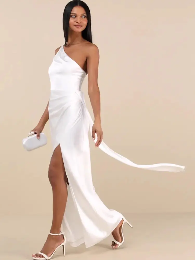 Ele Slim Fit Satijnen Lange Dr met Split Enkele schouder Ontwerp Gladde Dra Sle Hoge Taille Fee Rok voor de zomer