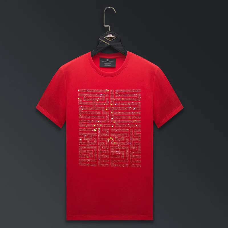 Camisetas manga corta para informales de hombre, ropa de verano, personajes chinos, diamantes de imitación, ropa de calle de moda, cuello redondo,