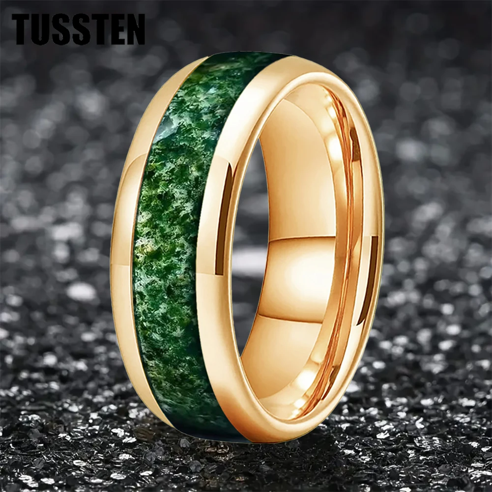 

TUSSTEN 6/8MM Dome Edges Mens Womens Fashion Engagement Wedding Band Green Agate Stone Inlay Tungsten Carbide Rings