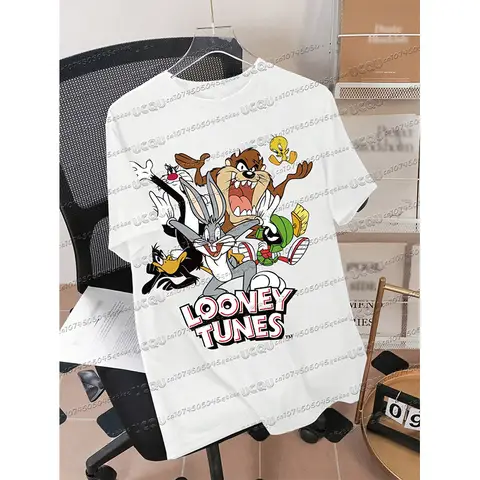 T-shirt med tryck och tecknat mönster från Bugs Bunny i bomull, rund hals, lös, andningsbar, sommartopp för kvinnor, avslappnad pendling 8 best sales Bugs Bunny T-shirt - №5