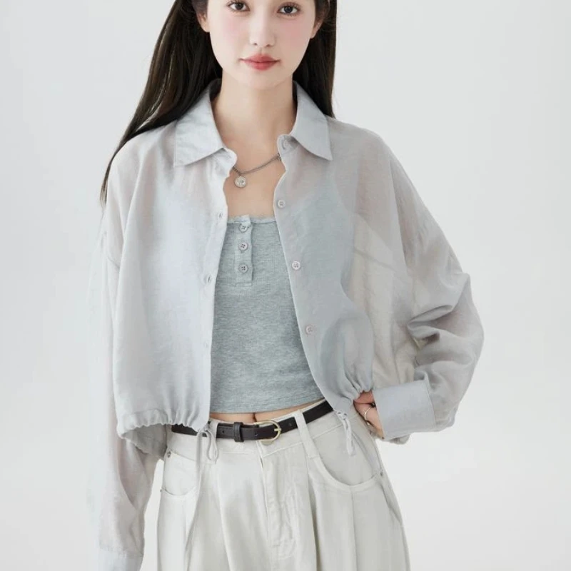 

Women Summer Thin Sun Protection Shirt Long Sleeve Drawstring Cropped Casual Cardigan Blouse