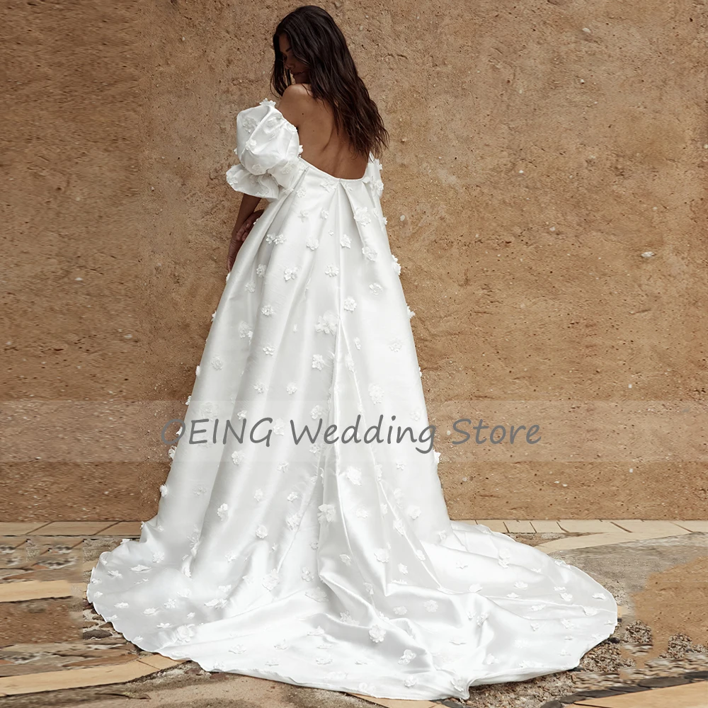 Pregnant Wedding Dress White Satin A Line Short Lantern Sleeves Luxury Wedding Gown for Women 2022 Bride 3D Flowers Bridal Gowns