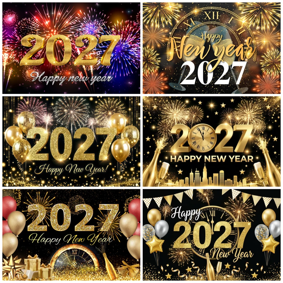 2027 Happy New Year Photography Background Golden Glitter Number Champagne Festival  Backdrop Family Adult Portrait Photo Studio