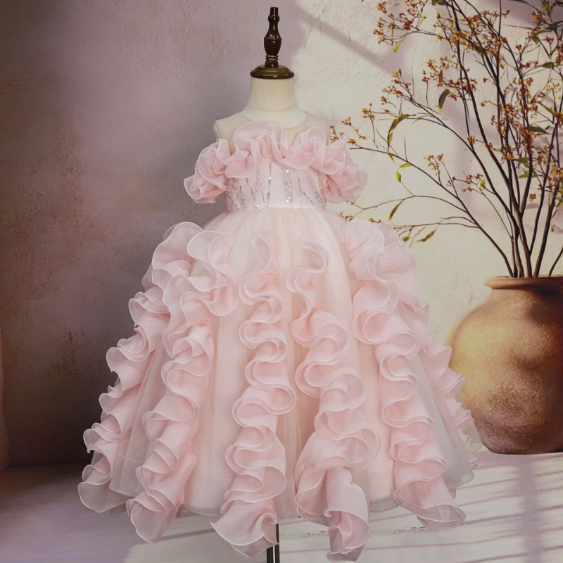 Girls Birthday Performance Dress Children Piano Recital Gown Pink Princess Party Outfit Host Pageant Formal Attire Celebration