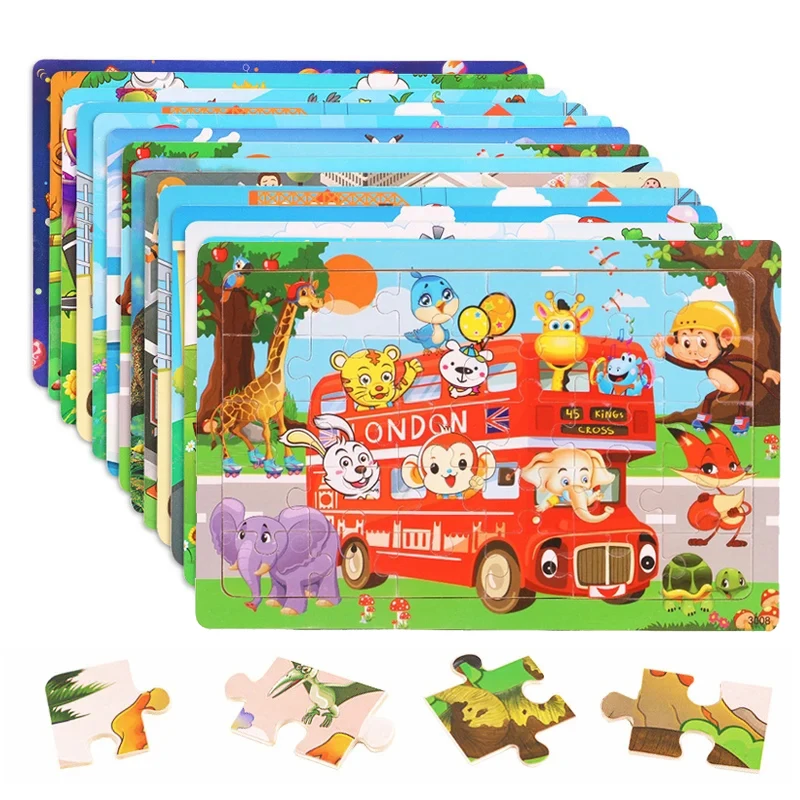 30Pieces Montessori Baby Toys Wooden 3d Puzzle Cartoon Animal Vehicle Cognition Wood Puzzle Learning Educational Toys for Kids