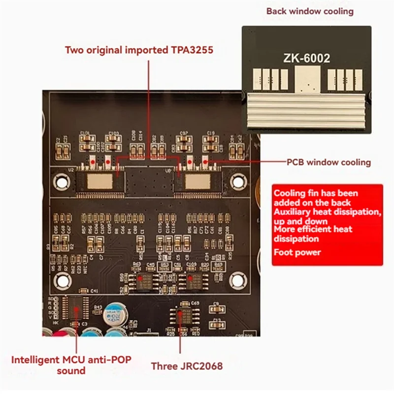 FULL-ZK-6002 مضخم الصوت مجلس 2.0 ستيريو مع تعديل التردد العالي والمنخفض 600 واط + 600 واط TPA3255
