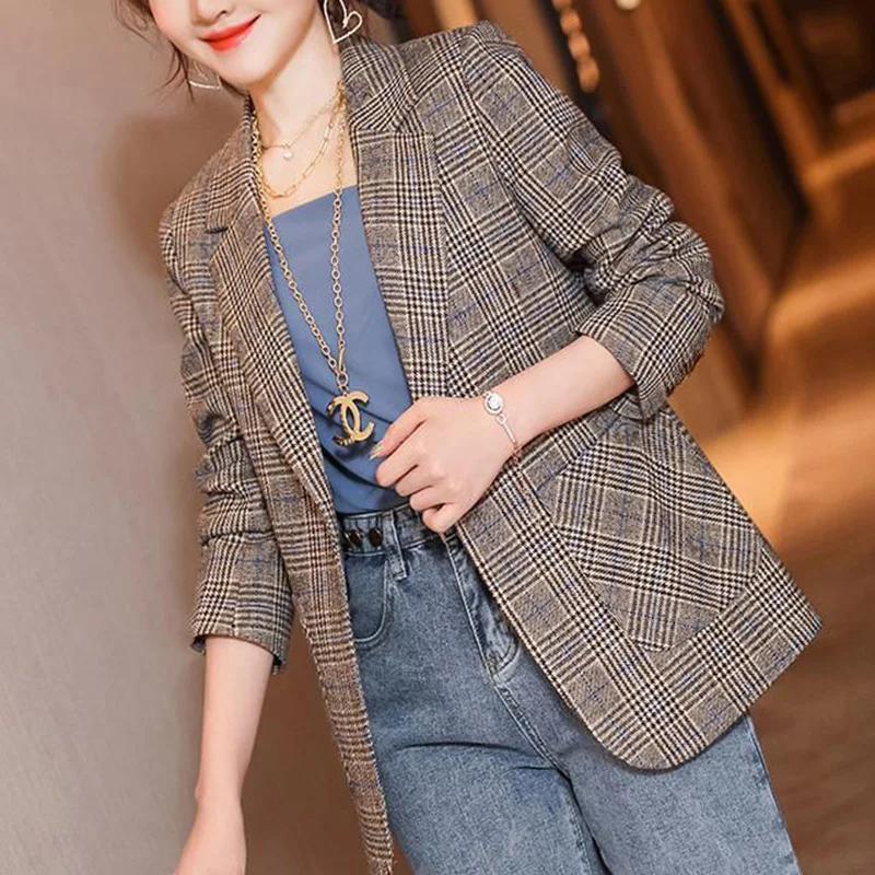 Imagem -03 - Blazer Coreano Reticulado Feminino Botão de Lapela Bolsos Emendados Tops Casuais Soltos Escritório Blazers de Senhora Roupas da Moda Novo Outono 2023