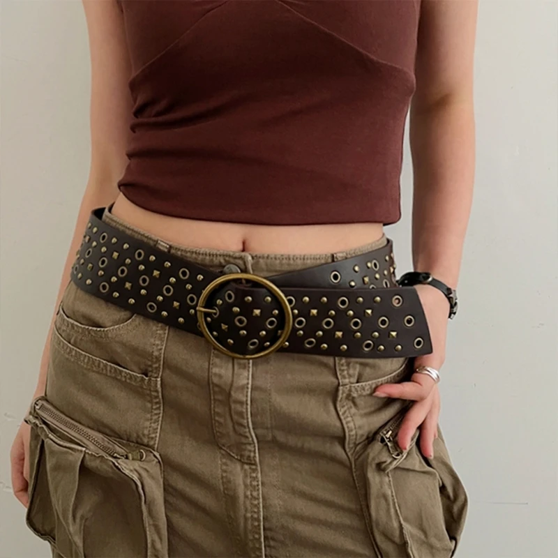 Fashion Womens Leathers Belt, Soft Leathers Waist Belt with Studded and Metal Pin for Jeans Pants, Length 41''