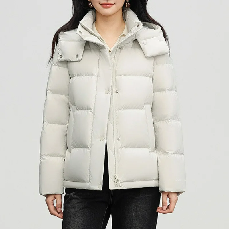 Women Detachable Hooded Down Jackets Winter 2025 New Thickened Warm Cold-proof Bread White Duck Coats Windproof Cuffs Pocket OL