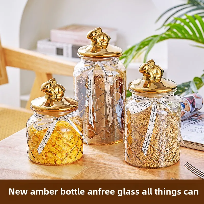 Creative Amber Clear Glass Jar Gold Bunny Glass Bottle Candy Oatmeal Storage Jar Kitchen Seal Food Container Home Decoration