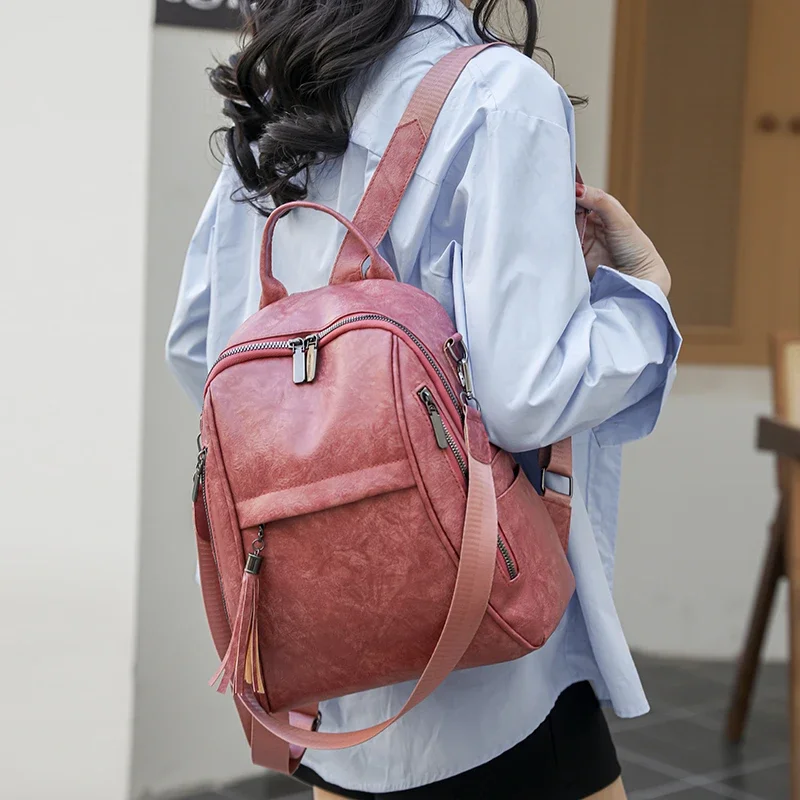 2024 produk baru PU ransel pegangan lembut warna Solid ransel mode sederhana kapasitas besar tas punggung wanita lunak bingkai luar