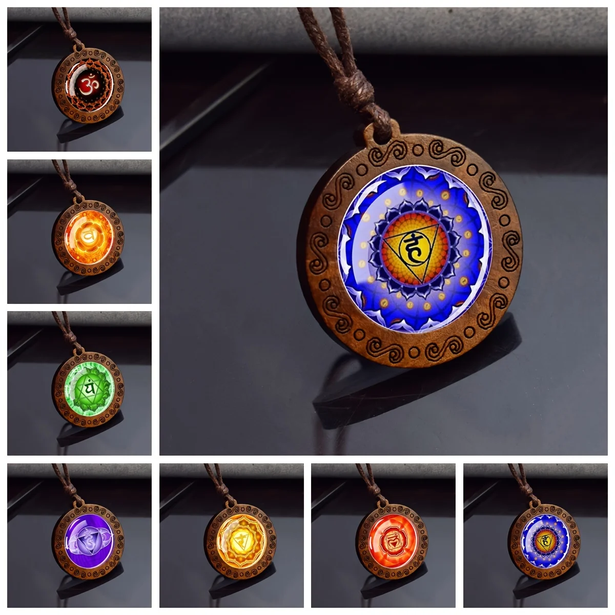 7 Chakra Wood Pendant Necklace Rope Chain Necklace Women Fashion Yoga Symbol Spiritual Meditation Jewelry