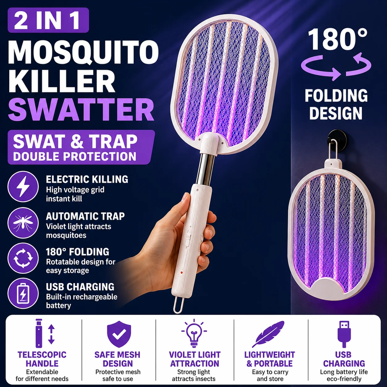 2026 NEW Telescopic Electric Mosquito Swatter Automatic Mosquito Trap USB Charging Electronic Mosquito Killer