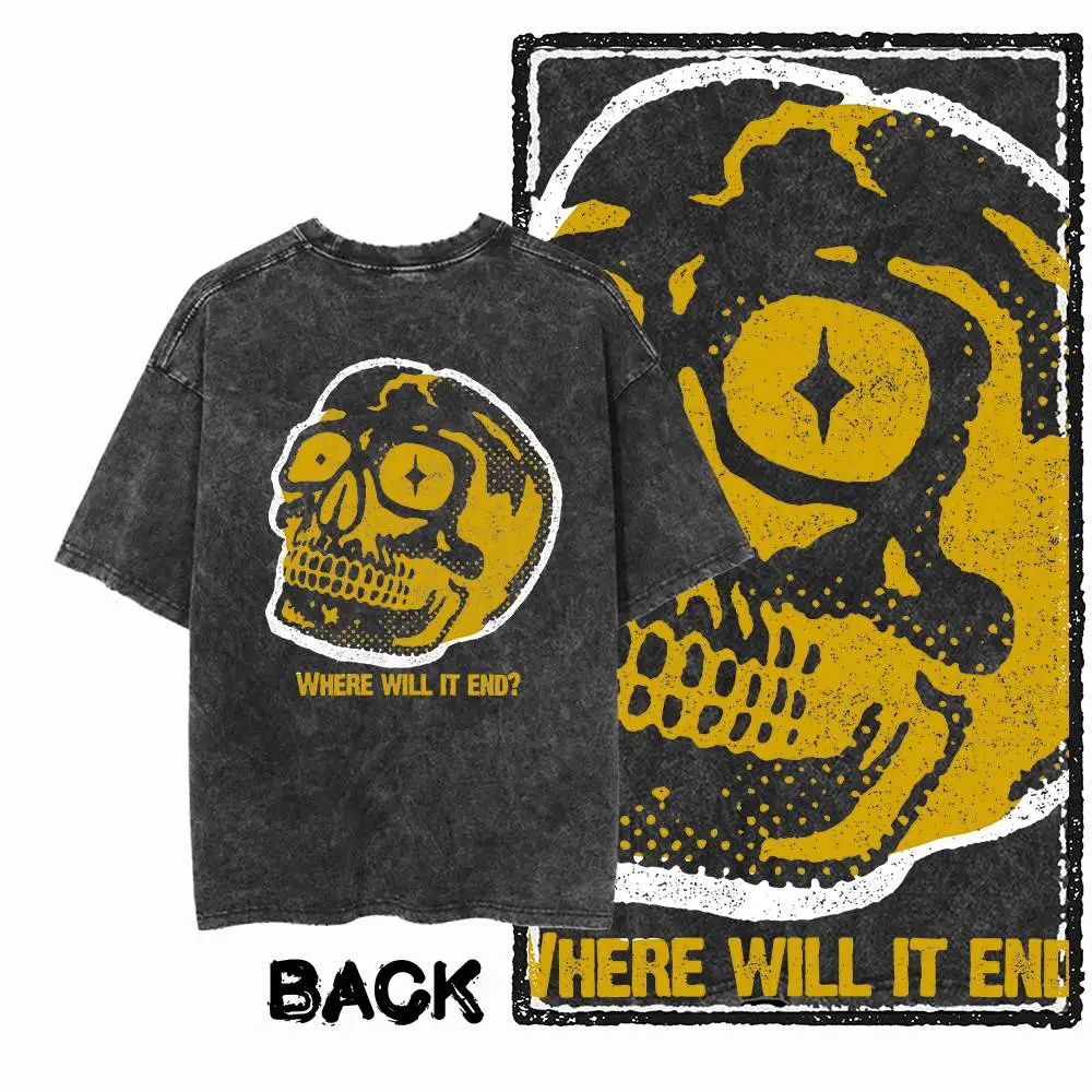 Back Print Cotton Men's Big Size Skull GraphicT-shirt | Acid Washed  Streetwear Cool Vintage O-neck men's Tee Tshirt