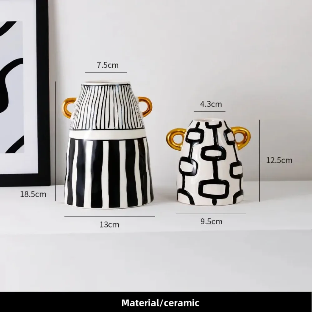 Abstract Striped Black and White Vase Desk Ornament Living Room Flower Arrangement Double-handle Ceramic Floral Vase Decoration