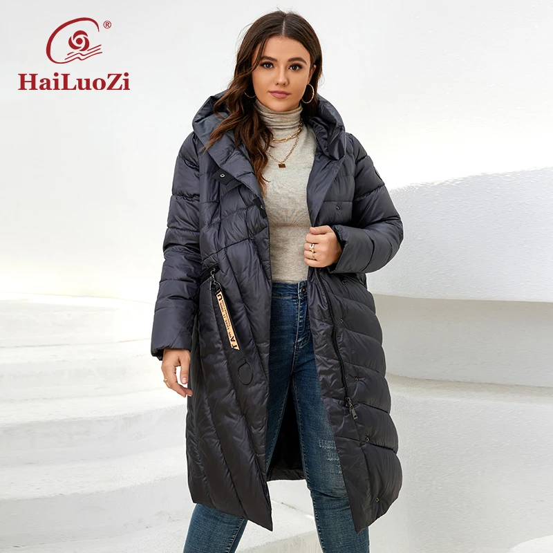 HaiLuoZi 2022 Winter Women\'s Jackets Long Oversize Windproof Warm Hooded Twill Quilting Thick Outwear Female Parka Women Coat 08