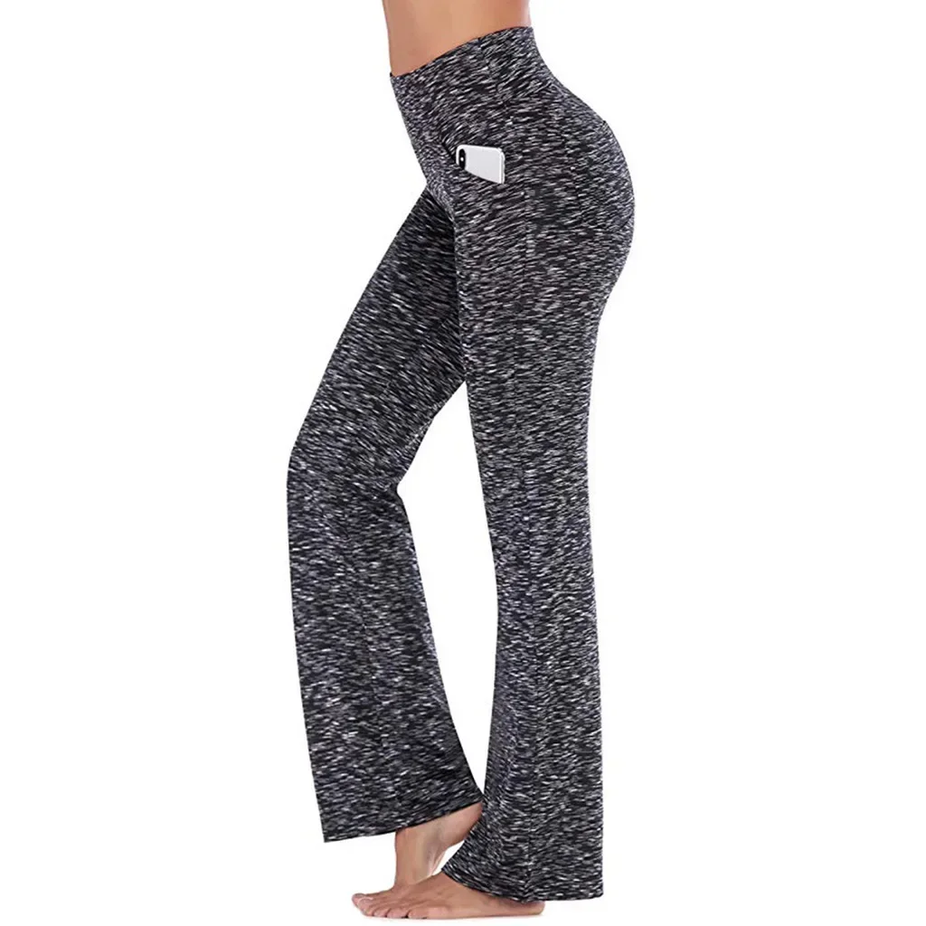 Women Solid Color Casual Yoga Pants High Waist Full Length Flare Pants Trousers Elastic