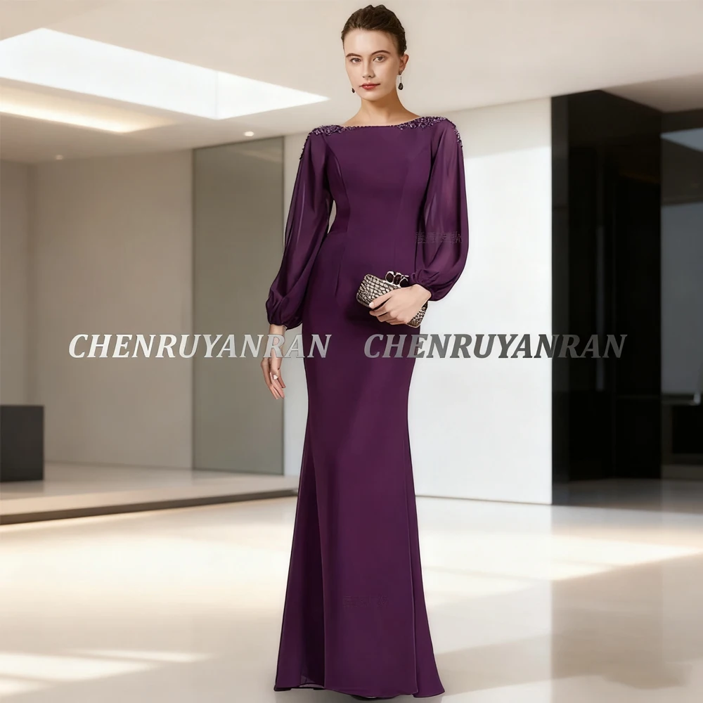 

Scoop Purple Mother of the Bride Dresses 2025 Scoop Mermaid Wedding Guest Gowns Full Sleeve Elegant Dress Women Wedding Party