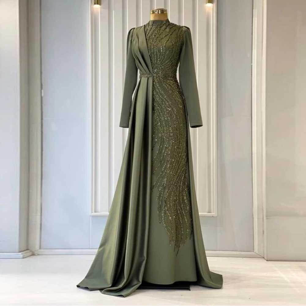 

Customized Olive Green Muslim Evening Dresses 2025 Bead Sequin Islamic Formal Gown Pleat Satin Overskirt Robe de soiree