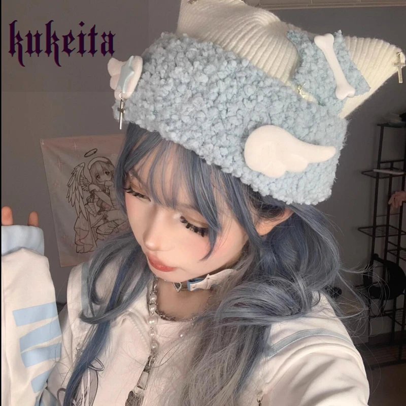 Harajuku urocza gwiazda czapka ucho kota z dzianiny Y2k Gothic Lolita pluszowe skrzydła Kawaii akcesoria czapki zimowe wiatroszczelne ciepłe czapki