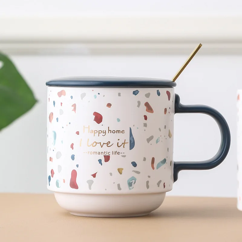 410ml Splicing Ceramic Coffee Cup Nordic Style 2026 New Household Pink Cute Water Cups Gold-drawing Letter Light Luxury Mugs