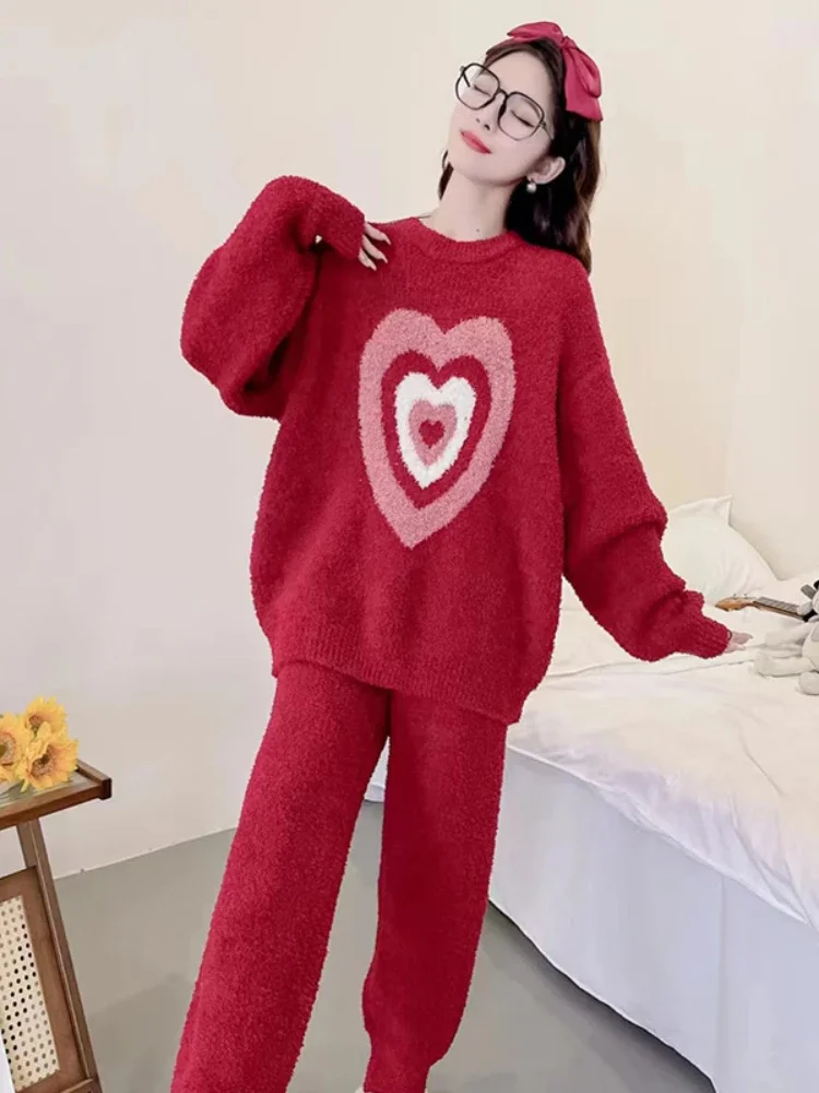 Instagram Red Contrast Color Striped Half Cashmere Pajamas Women Winter Thick Warm Soft Soft Home Wear Free Size Worn Outside