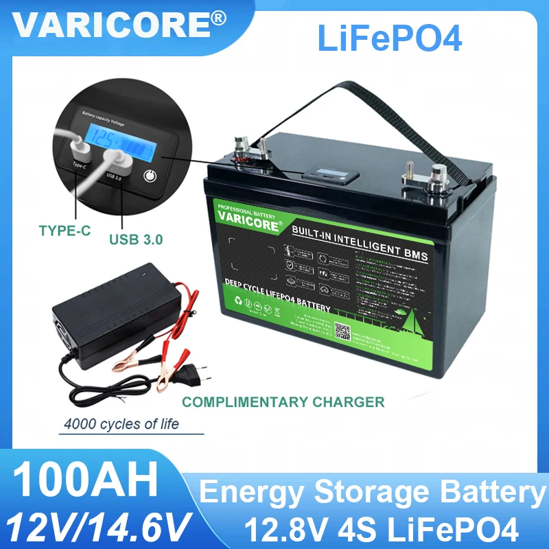VariCore 12,8 V 100AH LiFePO4 batería 12V baterías de fosfato de hierro y litio para encendedor de coche 14,6 v carrito de Golf energía Solar