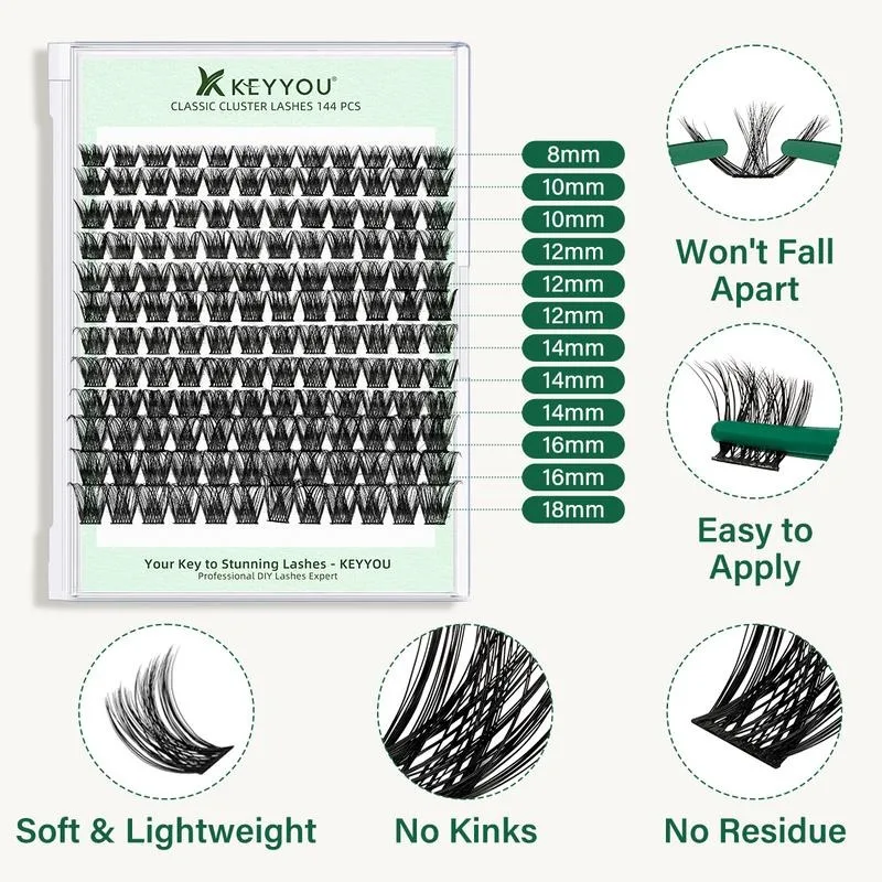 KEYYOU Kit de extensión de pestañas, Kit de pestañas de racimo de rizo D de larga duración, resistente al agua con cepillo de rímel, pegamento de sellado