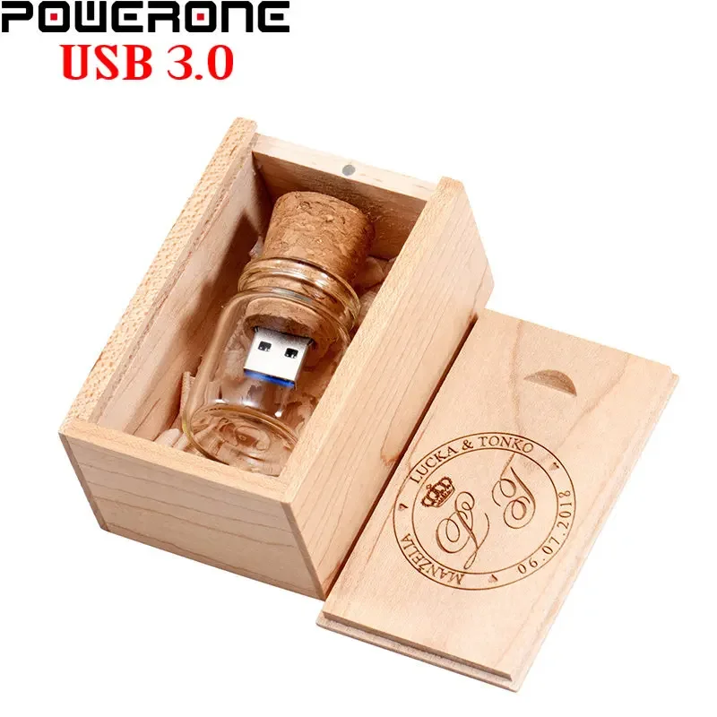 POWERONE Drift Bottle Cork+Wooden Box USB 3.0 Flash Drives 64GB Free Logo Pendrive 32GB Wish Bottle Memory Stick 16GB U Disk 8GB