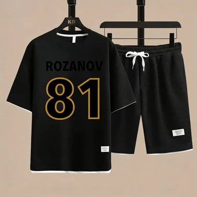

Men Rozanov 81&Hollander 24 Ice Hockey Player Print 2 Piece Outfit Waffle Knit T-shirt + Shorts Set Sports Fan T-shirt Tracksuit