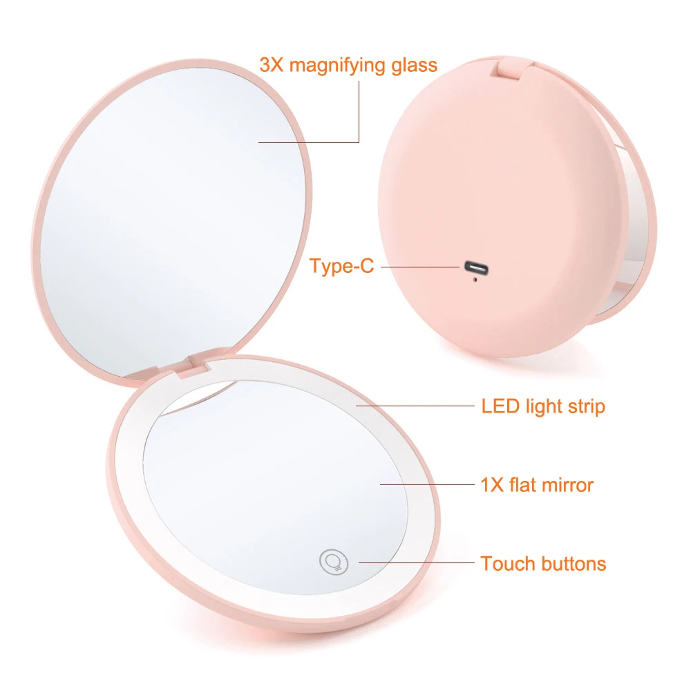 LED Lighted Travel Makeup Mirror Foldable 10x Magnifying Mirror Rechargeable Compact Cosmetic Mirror For Handbag Purse Pocket