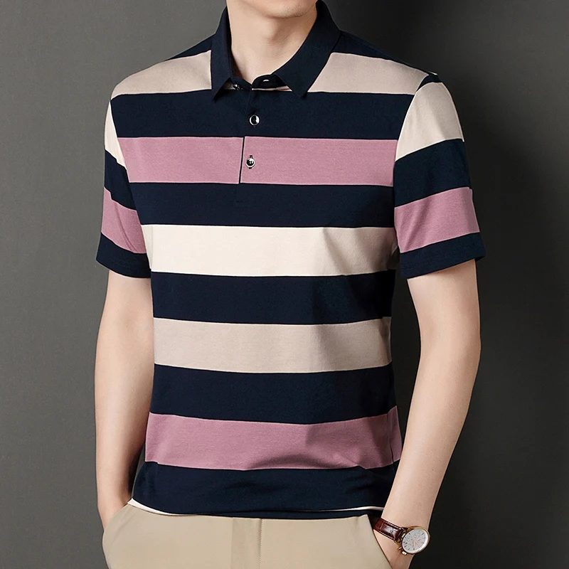 Minimalist Trendy Summer Men\'s Turn Down Collar Striped Button Contrast Color Fashion Casual Short Sleeve Loose Polo Shirts Tops