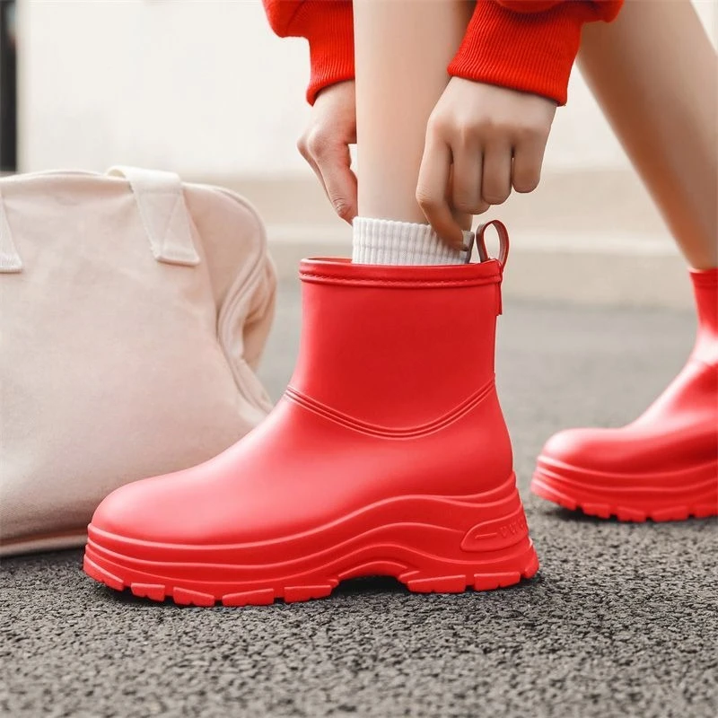 Adult Women Thick Sole Rain Boots Minimalist Anti Slip Fleece Lined Waterproof Short Cuff Water Shoes for Outdoor Kitchen