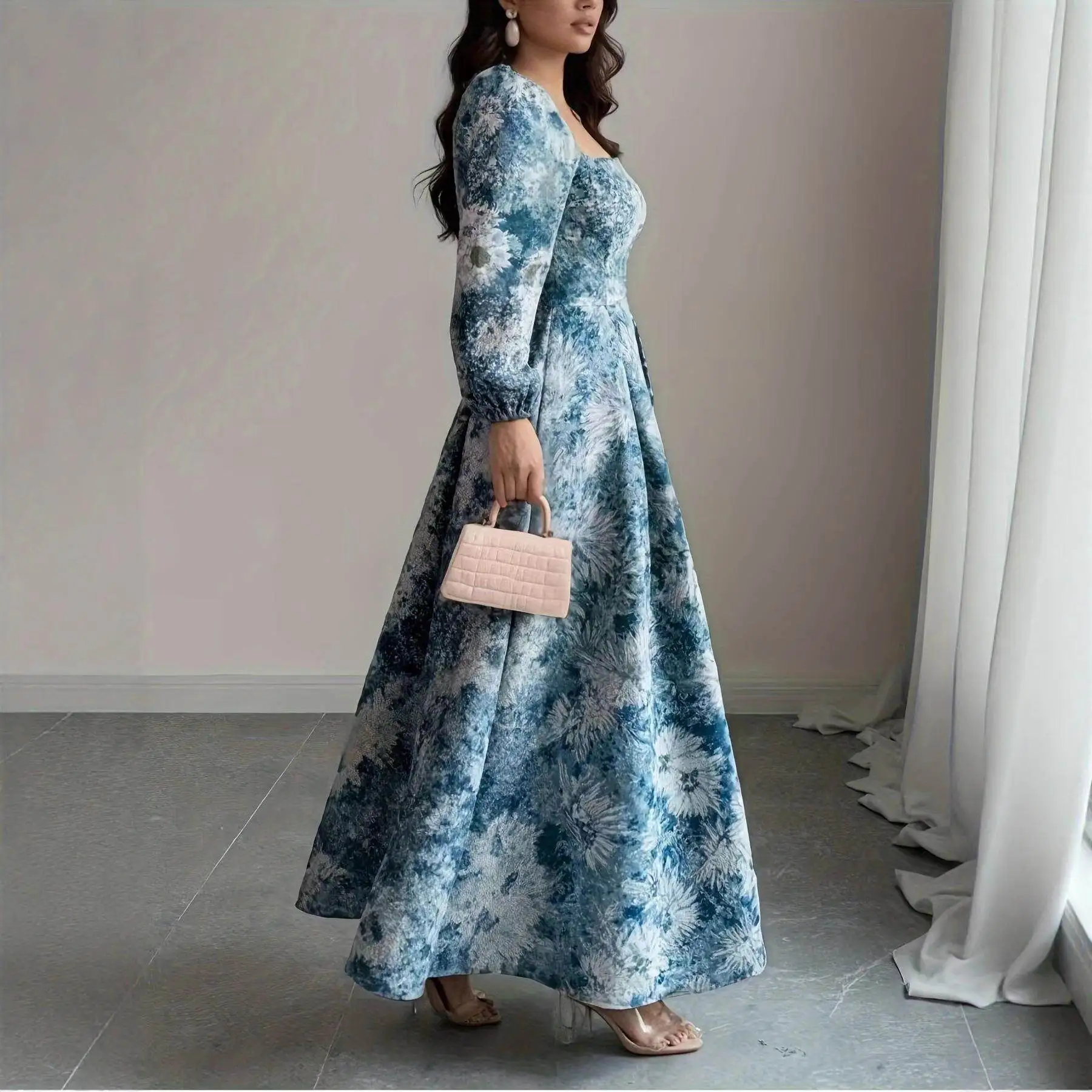 

New Blue Floral Oil Painting Long Sve Dr High Waist Bubble Sve Square Collar 3D Tailoring Floor Length Cross Border