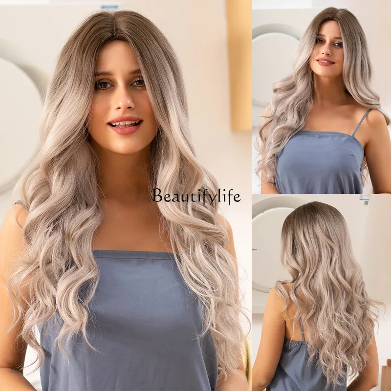 

Wig middle black gray gradual change long curly hair high temperature silk chemical fiber headgear