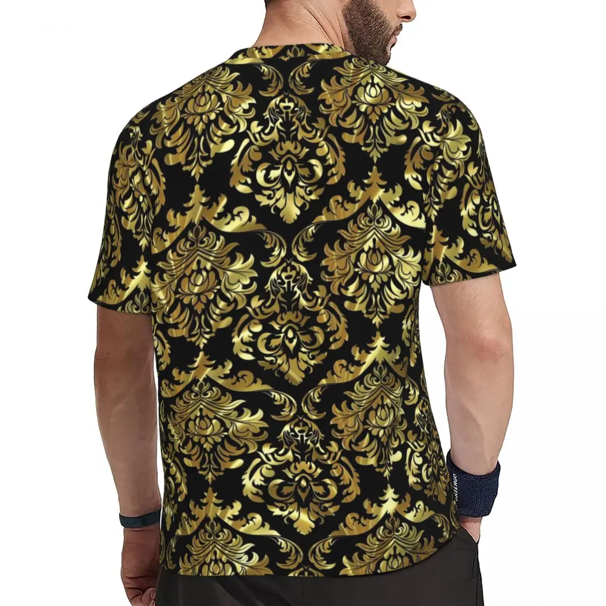 Gym T-Shirt For Man Baroque Floral T-Shirts Trending Black And Gold Summer Tees O Neck Y2K Funny Design Clothing Gift