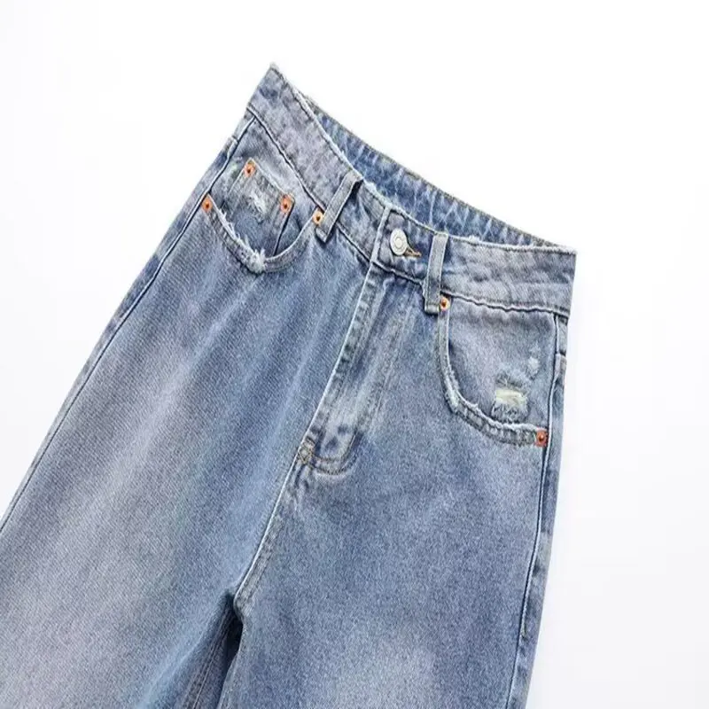 Summer 2025 Women's Casual Sle Denim Pants Long Decorative Hole Design Loose Fit Wide Leg Jeans l Waist Zipper