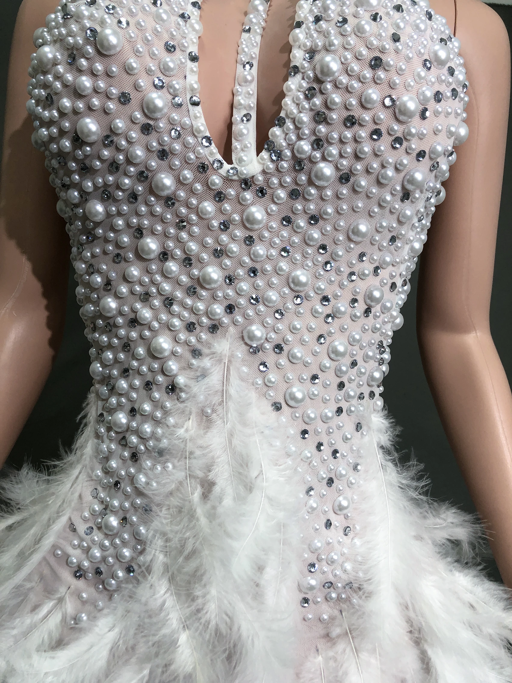 feather short skirt bright diamond stage performance costume sleeveless sex appeal high collar hanging neck