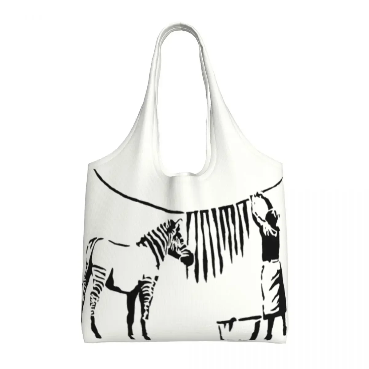 

Graffiti Artist Banksy Zebra Groceries Tote Shopping Bags Women Animal Art Canvas Shoulder Shopper Bags Big Capacity Handbag
