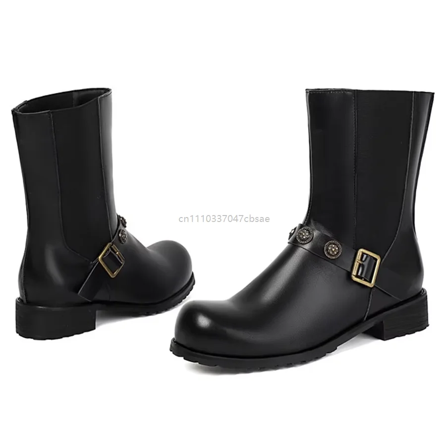 

Fashion Round Toe Belt Buckle Boots Thick Heel Party Casual Platform Boot Retro Cowboy Party Stage Low Heels Ankle Short Shoes
