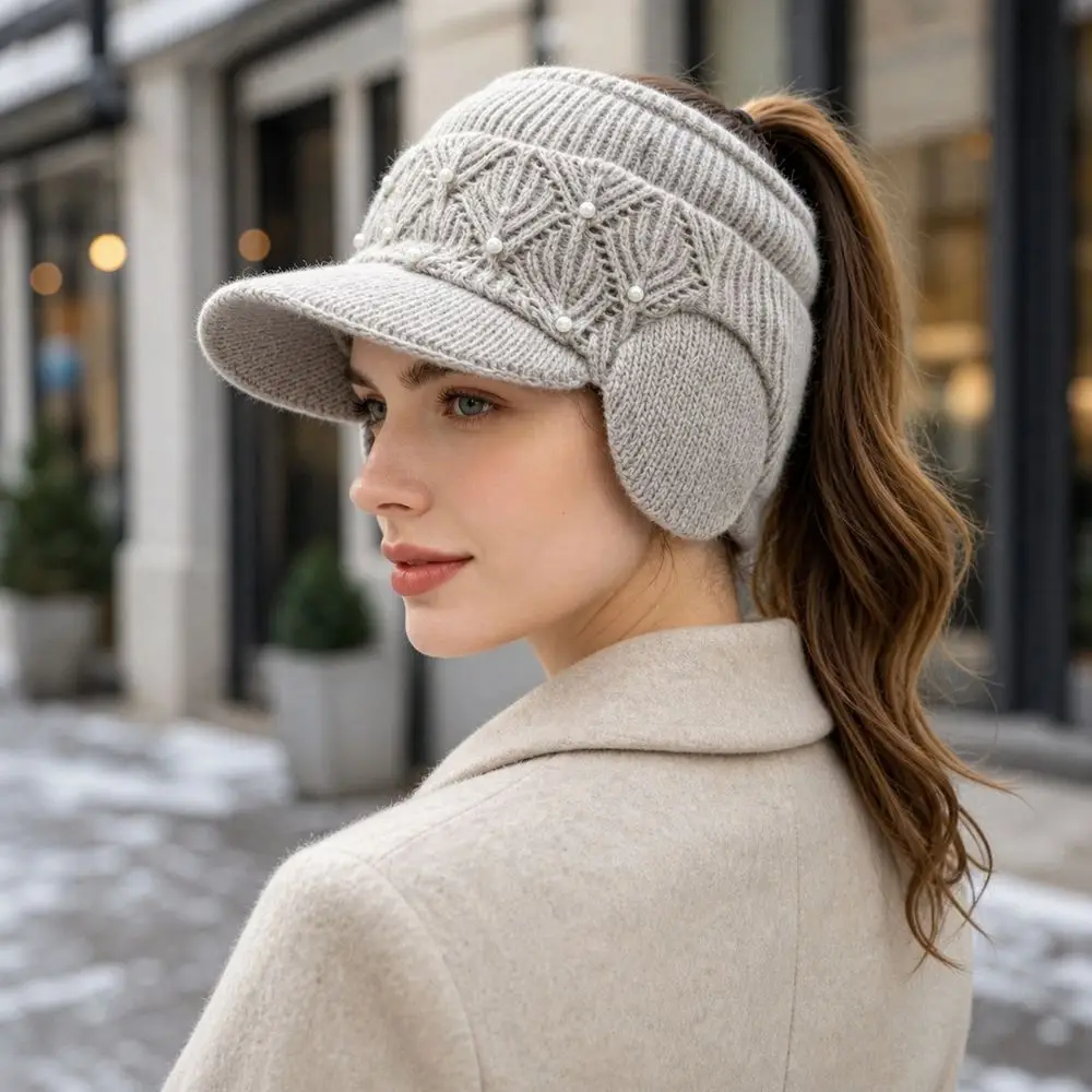 New Comfortable Knitted Open-top Baseball Cap Pearl Anti-freezing Women Ponytail Beanie Solid Color Sports Cap Winter Wear