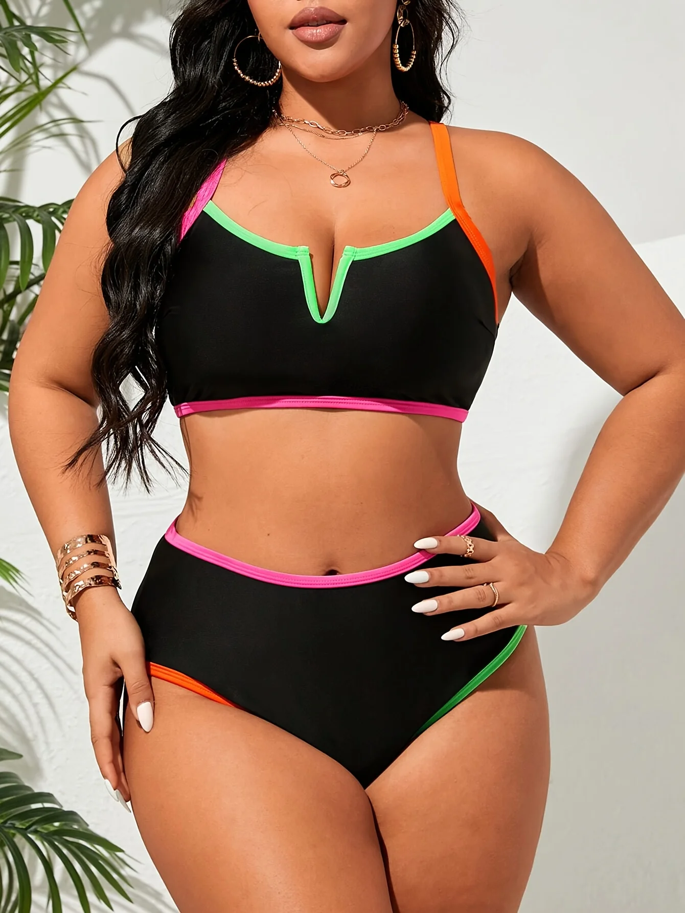 

Женский комплект бикини в курортном стиле с цветными вставками и отделкой, с вырезом халтер, повседневный, пляжный, больших размеров