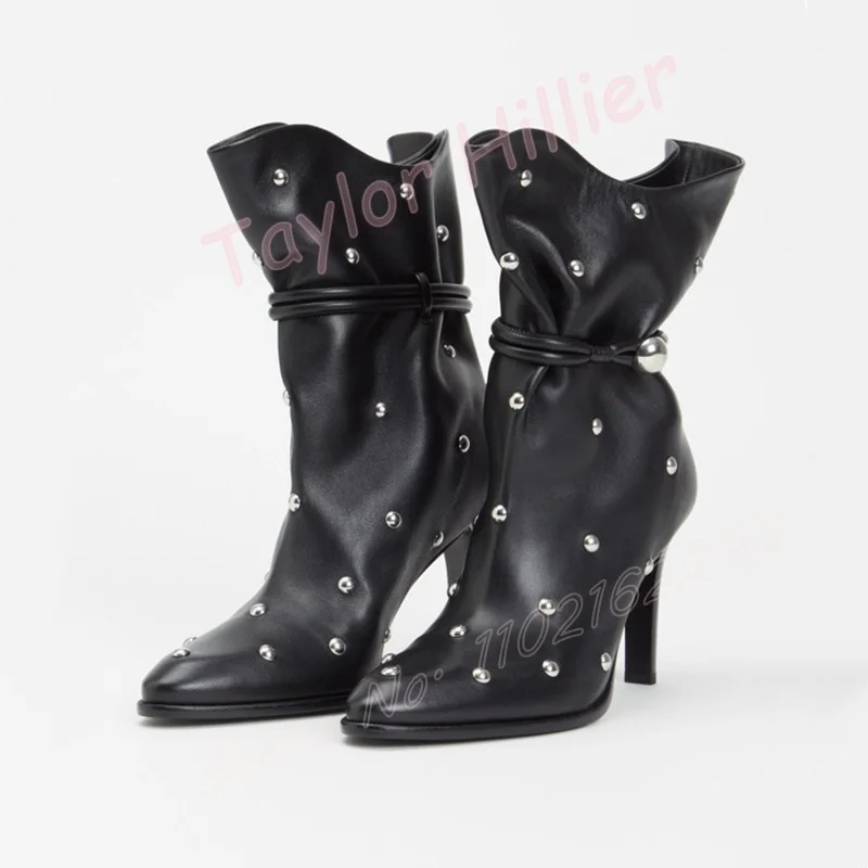 Metal Rivet Black Leather Short Boots Round Toe Stiletto Heel Lace-Up Side Zipper Bare Boots Fashionable Luxury Knight Boots 46 - Image 5