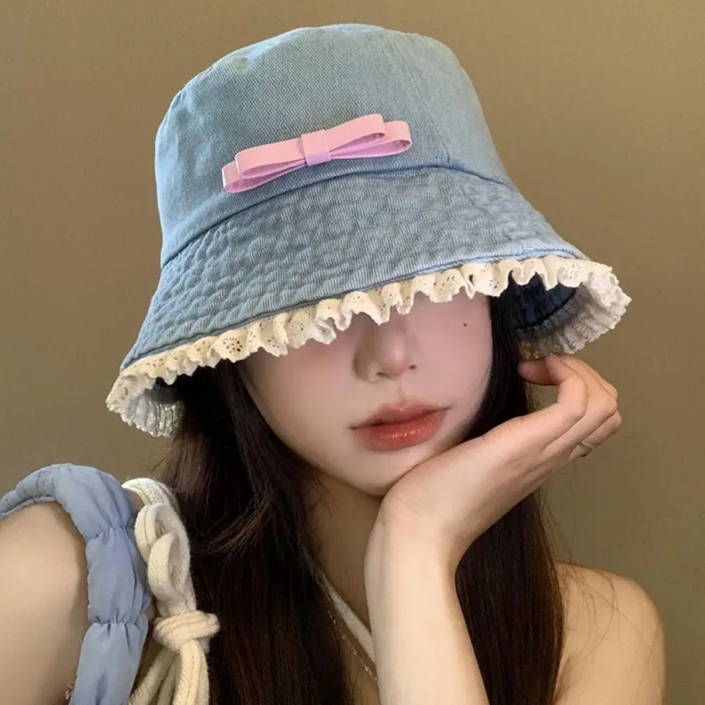 

Casual Big Brimmed Denim Bucket Hat Y2K Bow Tie Lace Fisherman Hat Sunscreen UV Protection Bow Sunscreen Hat Travel