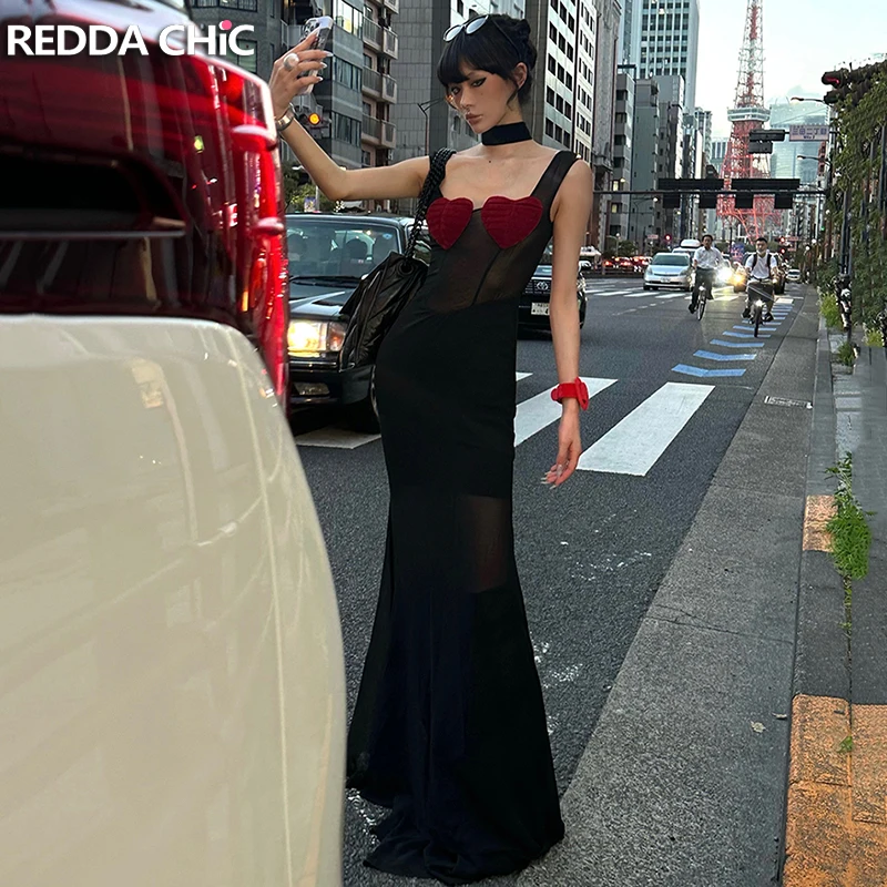 REDDACHiC Heart-shaped Velvet Padded Maxi Long Dress Women Mermaid Retro Black Sheer Mesh Stitch Sexy Bodycon Desire One-piece