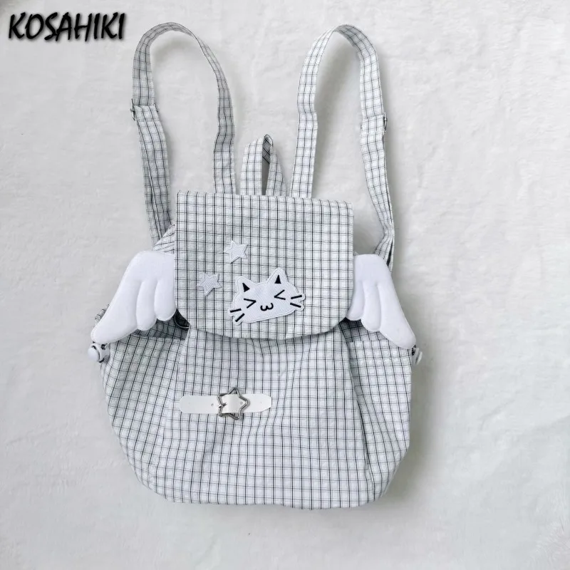 

Японский милый рюкзак Kawaii с крыльями Y2k, эстетичная модная клетчатая женская школьная сумка, повседневные универсальные рюкзаки Ins Star, уличная одежда